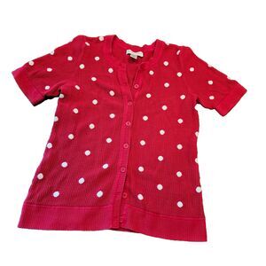 CHRISTOPHER & BANKS polka dot knit cardigan top size S red white retro Pin-up